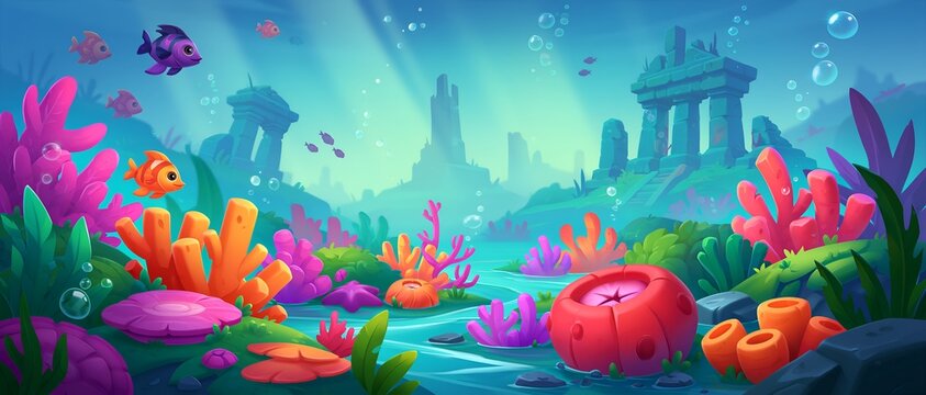 Submerged ruins surrounded by vivid coral, fish, and playful bubbles
