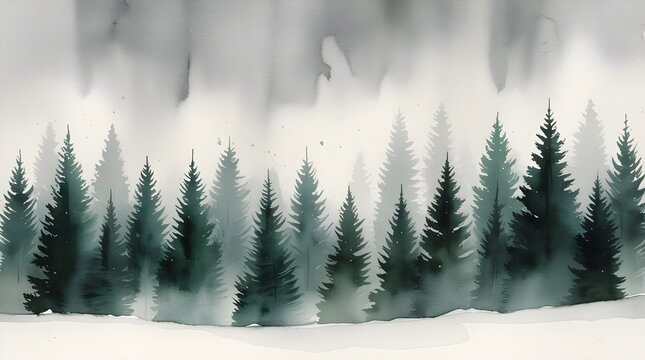 Dense pine forest in a misty winter landscape
