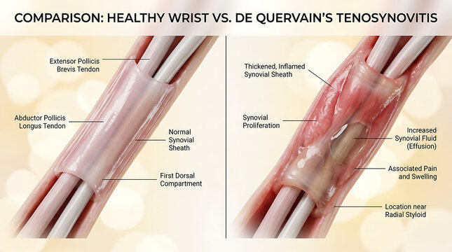 Healthy Wrist Tendon Sheath Versus De Quervain Tenosynovitis Thickened Sheath and Effusion
