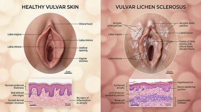 Healthy Vulvar Skin Versus Lichen Sclerosus White Atrophic Plaques and Lymphocytic Infiltration