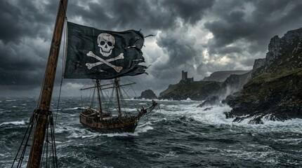 Naklejka premium Pirate ship with Jolly Roger flag sails through a stormy sea towards cliffs