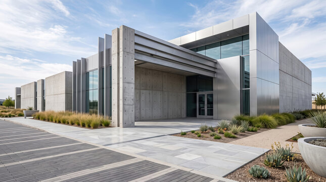 Modern concrete office building with landscaped entrance