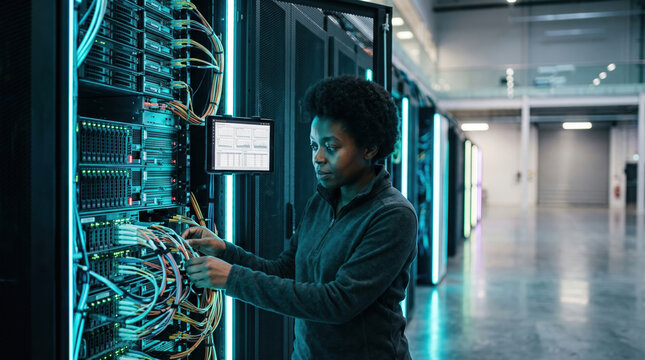 Technician checking an open server cabinet in data center
