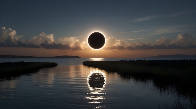 Dramatic total eclipse over a serene lake.