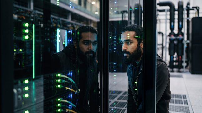 Technician Reflected in a Rack Door