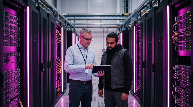Technicians with a Tablet Between Racks