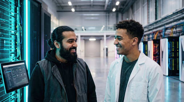 Technicians discuss server infrastructure in a modern data center