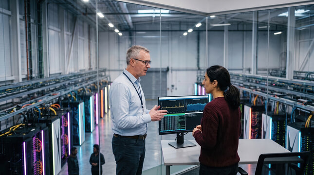 Technicians discuss server performance in modern data center