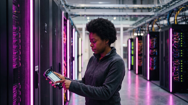 Technician Auditing Racks with a Device