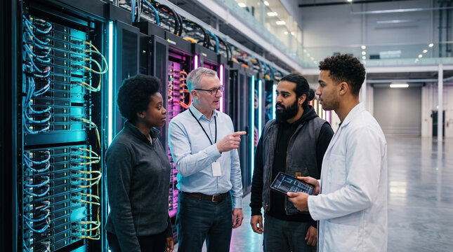 Technician team inspect server rack in modern data center