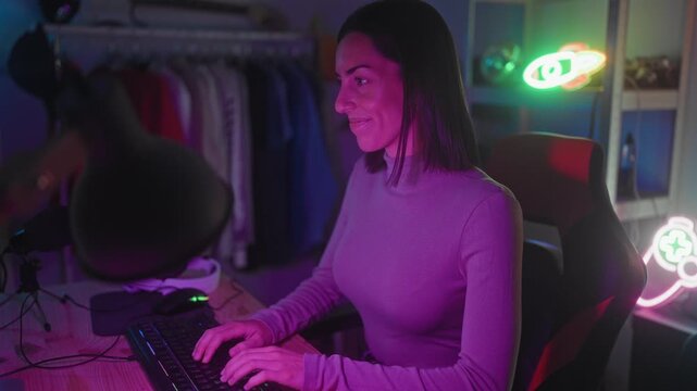 Woman seated at keyboard in studio types on mechanical keyboard and gives thumbs up while sitting in gaming chair beneath neon signs; joy gaming community.