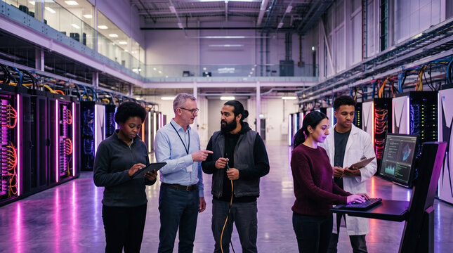 Diverse team manage data center infrastructure and servers