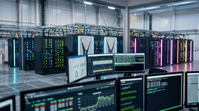 Data center operations with server rack monitoring screens