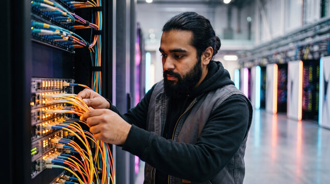 Technician Plugging in Fiber Optic Cables