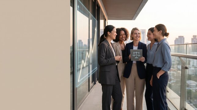 Diverse business professionals networking on modern office balcony with city skyline view