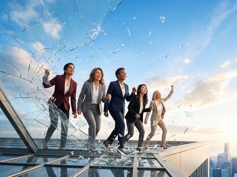Diverse business team celebrating success on rooftop with city skyline at sunset, Women's Equality Concept