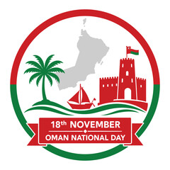 Obraz premium Oman National Day 18th November emblem, Omani flag and map vector, traditional fort and dhow boat