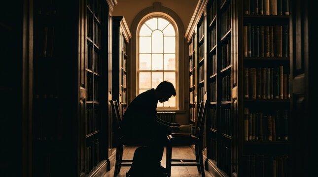 Silhouette of a person studying in a dimly lit library aisle with a large arched window