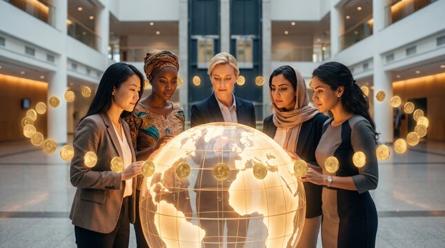 Diverse business team holding glowing globe celebrating global unity and leadership collaboration , Women's Equality Concept