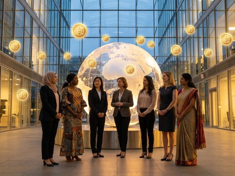 Diverse professional women linking arms in modern office atrium celebrating gender equality and unity