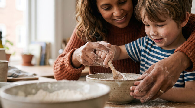 Child Helping Stir in the Kitchen