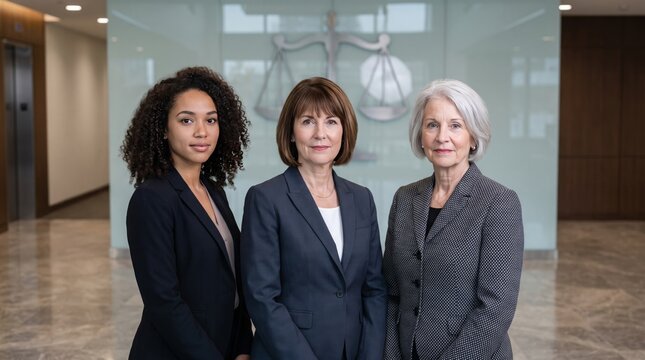 Diverse professional women executives standing confidently in modern corporate office lobby