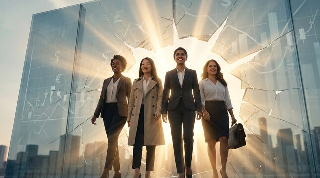 Diverse business professionals walking confidently toward bright future in modern city skyline, Women's Equality Concept
