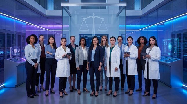 Diverse professional team in lab coats celebrating success in modern tech office with blue lighting ,  Women's Equality Concept