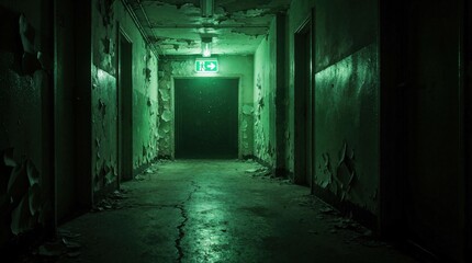 Fototapeta premium Dimly lit abandoned hospital corridor. Peeling paint on walls, cracked floor. Green emergency exit sign glows at end of long hallway. Nobody in eerie building.