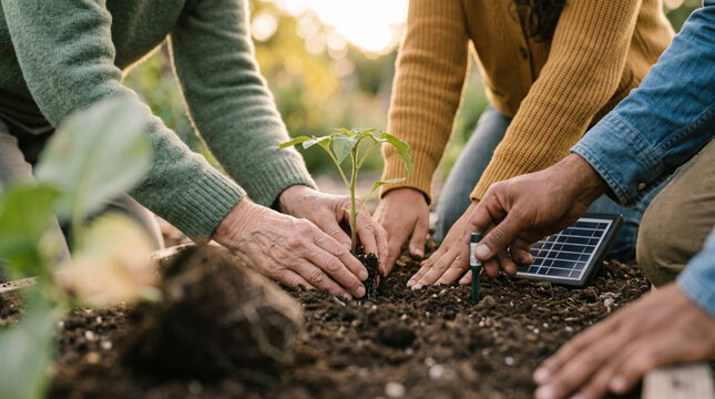 Hands Planting Beside a Solar Panel
