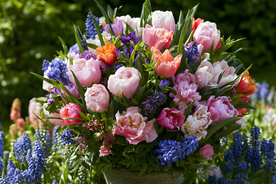 In the Keukenhof garden, Lisse, Netherlands, a floral arrangement was present
