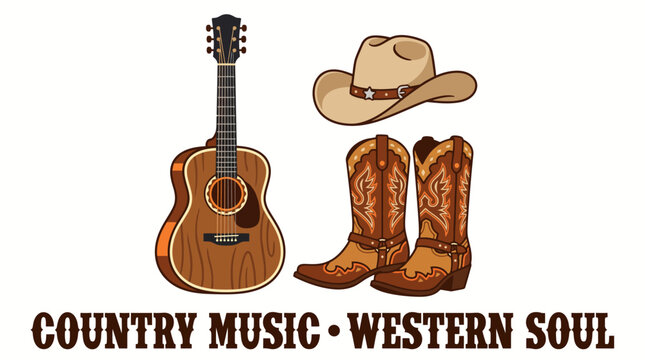Very beautiful colorful simple vector of acoustic guitar, cowboy hat and western boots with bold clean shapes, white background, no gradients, COUNTRY MUSIC &bull; WESTERN SOUL.
