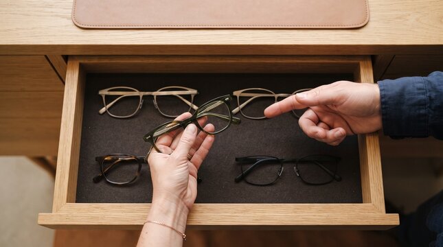 Customer selects distinctive eyeglass frames from a curated display