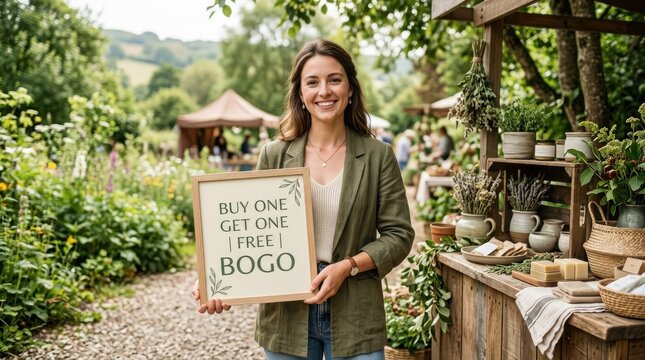 Woman holding a BOGO sign at an outdoor market stall with soaps and plants