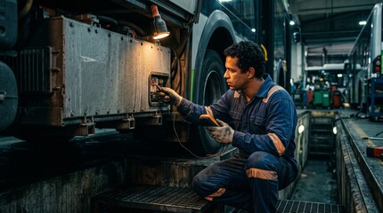 Naklejka premium Technician inspects an electric bus battery system