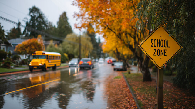 School zone sign and yellow bus on a wet suburban street surrounded by colorful autumn foliage, illustrating traffic safety, school transportation, rainy weather, and seasonal commuting.