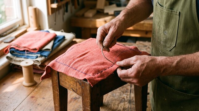 Upholsterer hand stitches a colorful renewed chair seat