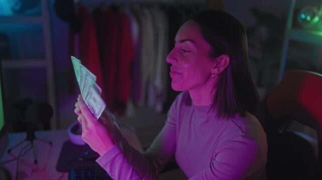 Woman fans a stack of dollars with her hand while smiling in a neon lit studio, gaming setup visible; joy success.