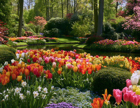 Title: Beautiful flowers such as tulips and daffodils in the largest spring flower garden in the world at Lisse in the Netherlands
