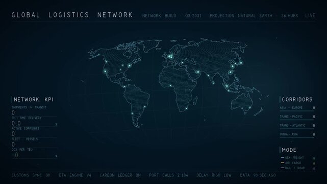 Global logistics network map animation with glowing shipping corridors between world hubs