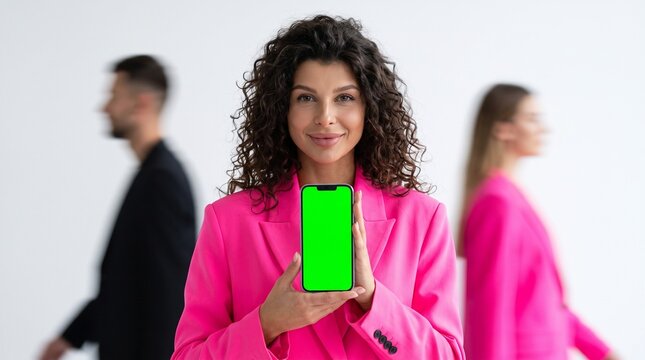 Businesswoman in Vibrant Suit Holding Smartphone with Green Screen Mockup Display