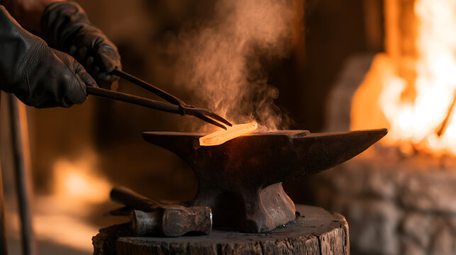 Blacksmith hand holding hot metal with tong on anvil in forge workshop with fire background craft industry manufacturing profession master