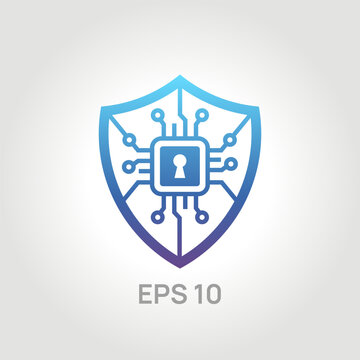 Cyber security shield logo icon, secure digital data protection, circuit board chip with keyhole concept, vector illustration