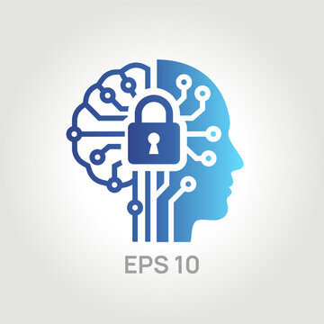 AI cyber security logo icon, human head profile with digital brain circuit and padlock, neural network privacy protection concept, vector illustration