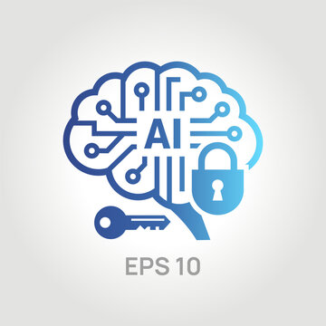 Artificial intelligence security logo icon, AI brain with circuit board, padlock and key, cyber data privacy and machine learning protection concept, vector illustration