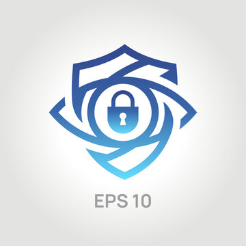 Cyber security eye logo icon, data surveillance and privacy protection shield with padlock symbol, vector illustration
