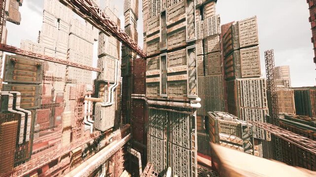 Dense rusted industrial cityscape, towering facades. Narrow freight corridor threaded with heavy pipes, girders and catwalks, sunlit metal surfaces, ambient