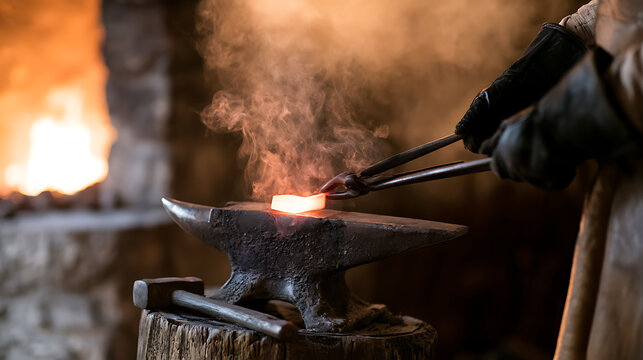 A blacksmith shaping hot metal on an anvil with tongs and hammer in a rustic forge workshop with bright fire and smoke in the background