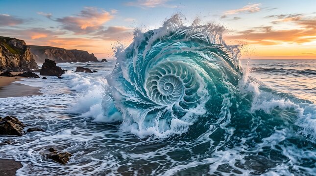 Ocean wave forming perfect spiral nautilus shell shape during sunset illustrates mathematical patterns in nature and coastal beauty for environmental marketing.