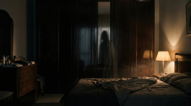 Ethereal figure reflected in wardrobe doors in a dimly lit bedroom